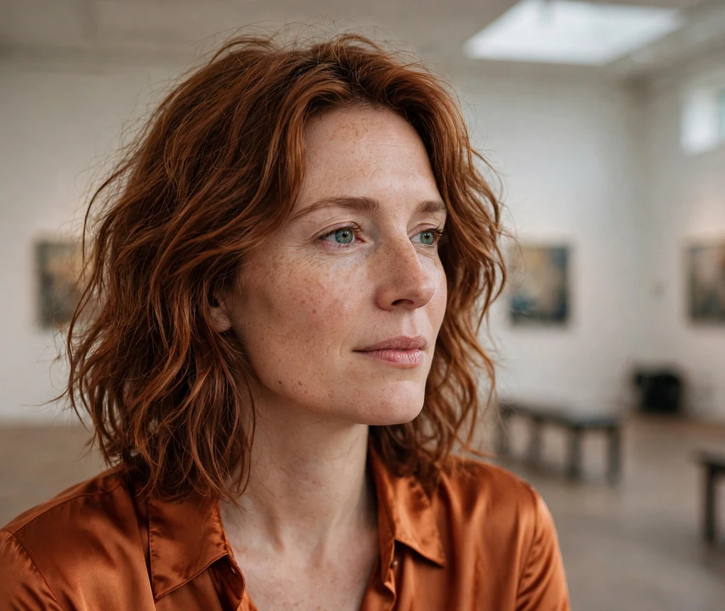 Woman with a copper brown tousled lob in an art gallery