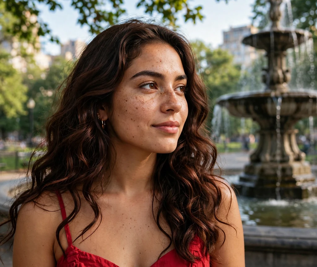 Woman with chocolate cherry brown waves at a park fountain