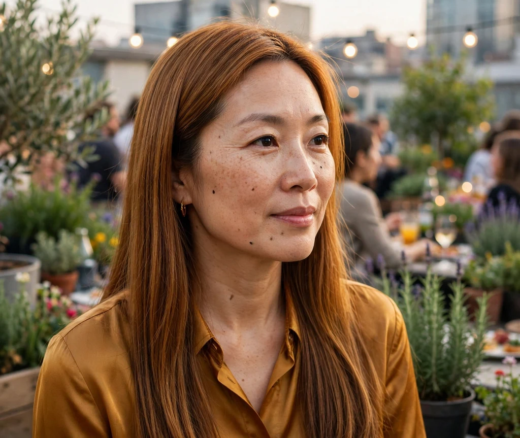 Woman with sleek amber brown hair at a rooftop garden party