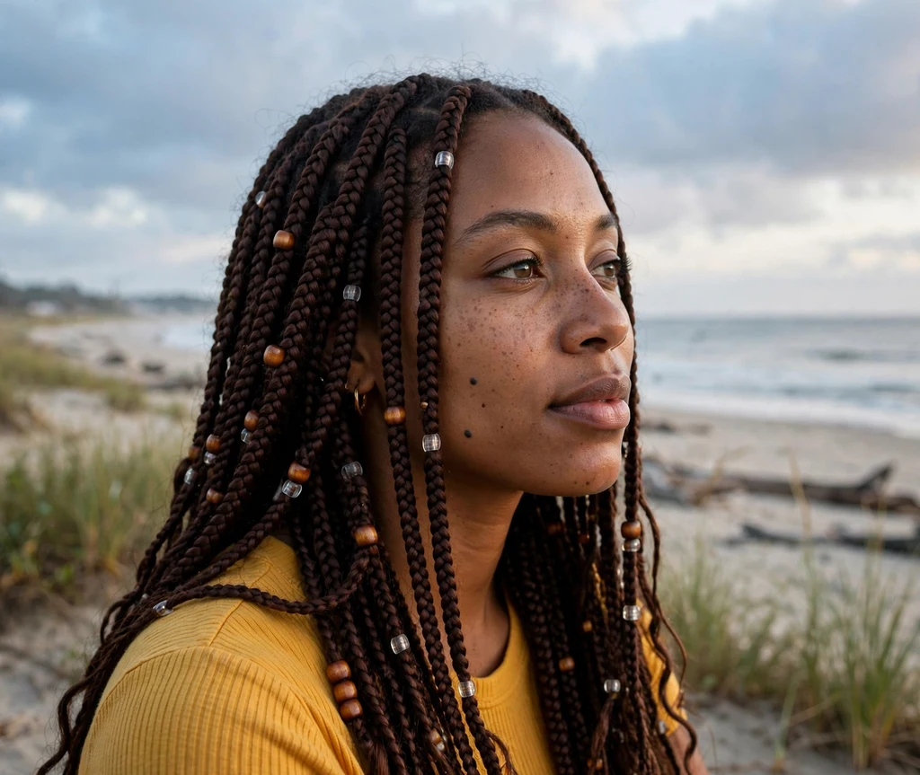 Woman with deep chocolate brown braids on a beach