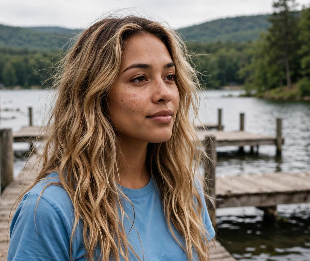 Woman with bronde beach waves on a lakeside dock