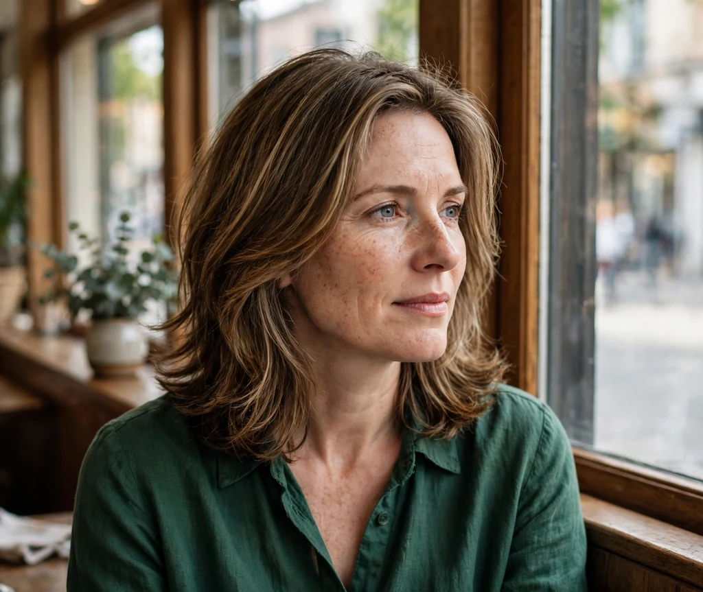 Woman with salted caramel brown layered hair at a cafe
