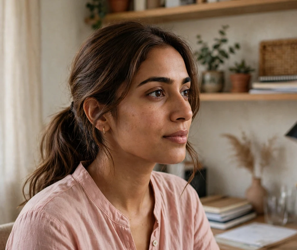 Woman with walnut brown low ponytail in a home office