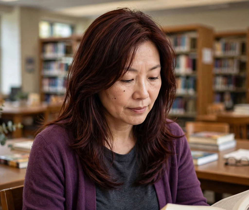 Woman with deep auburn brown layers in a library