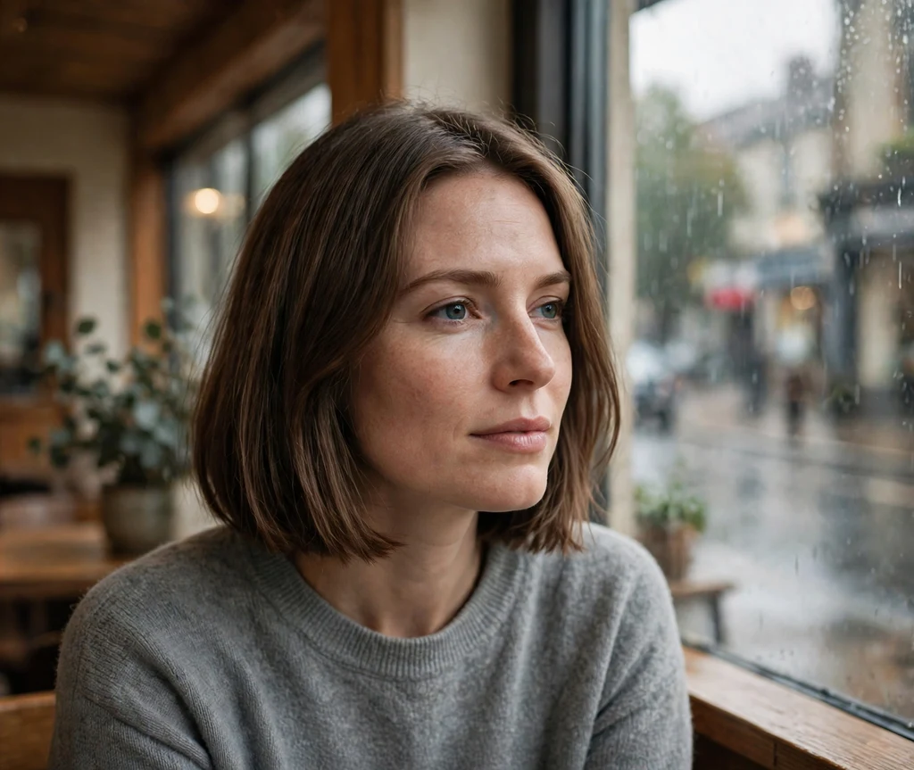 Woman with a mushroom brown blunt bob in a coffee shop