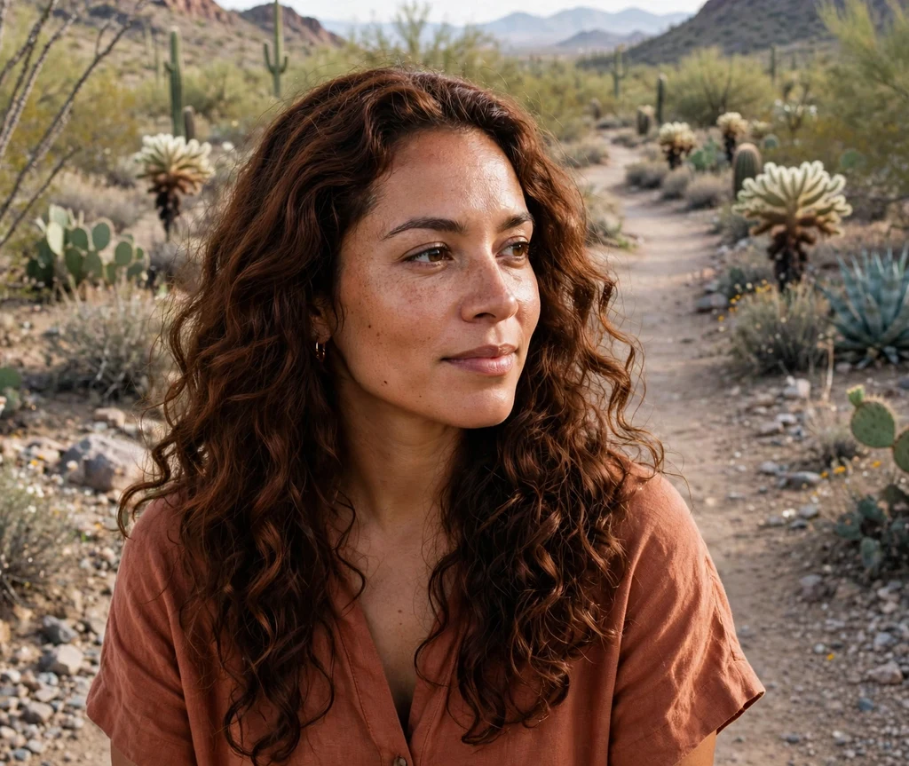 Woman with cocoa brown curls on a desert trail