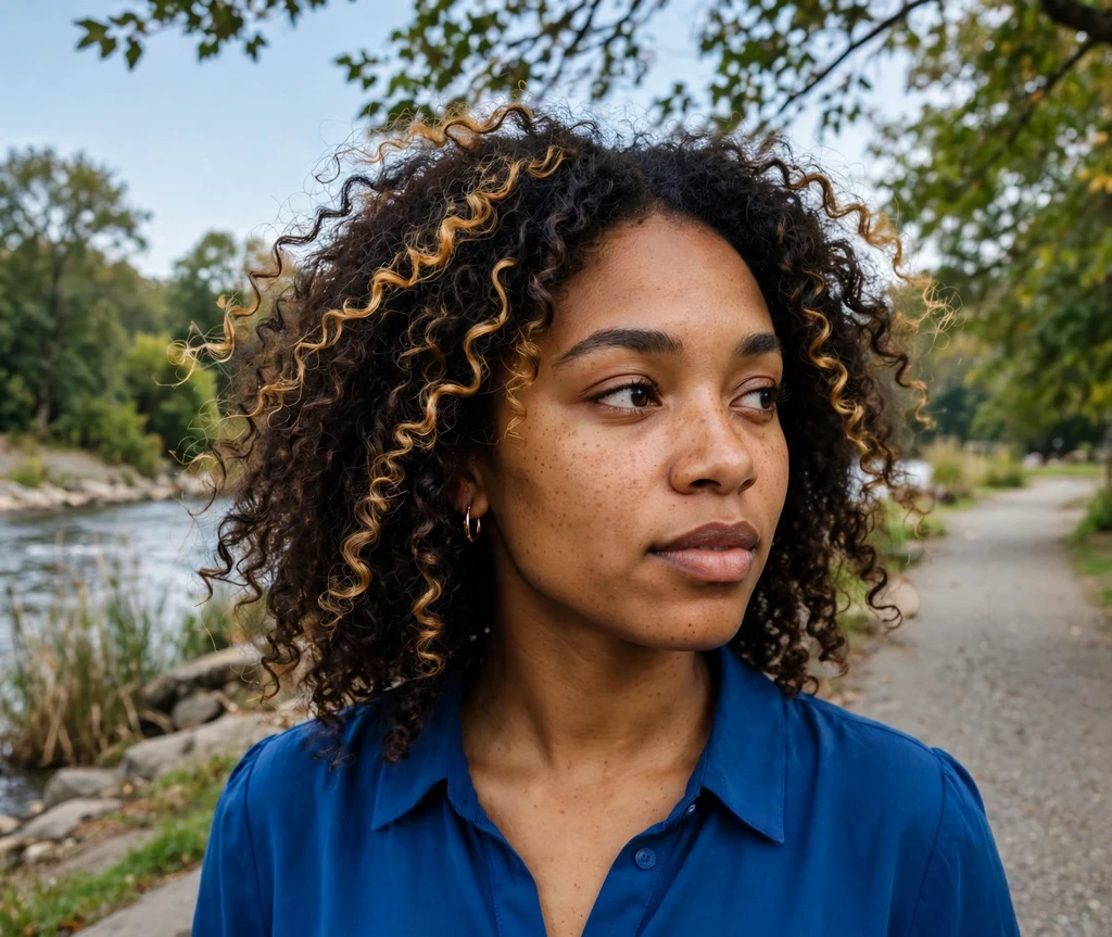 Woman with golden caramel highlights on curly hair by a river