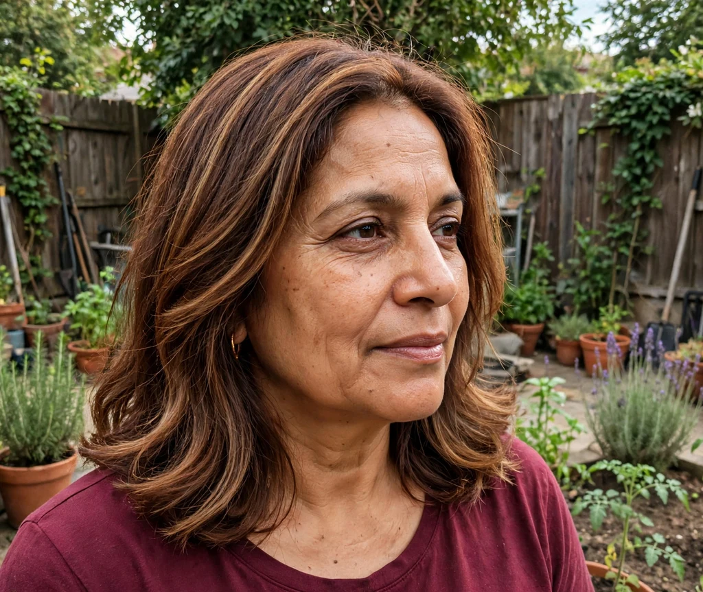 Woman with warm cocoa balayage in a garden