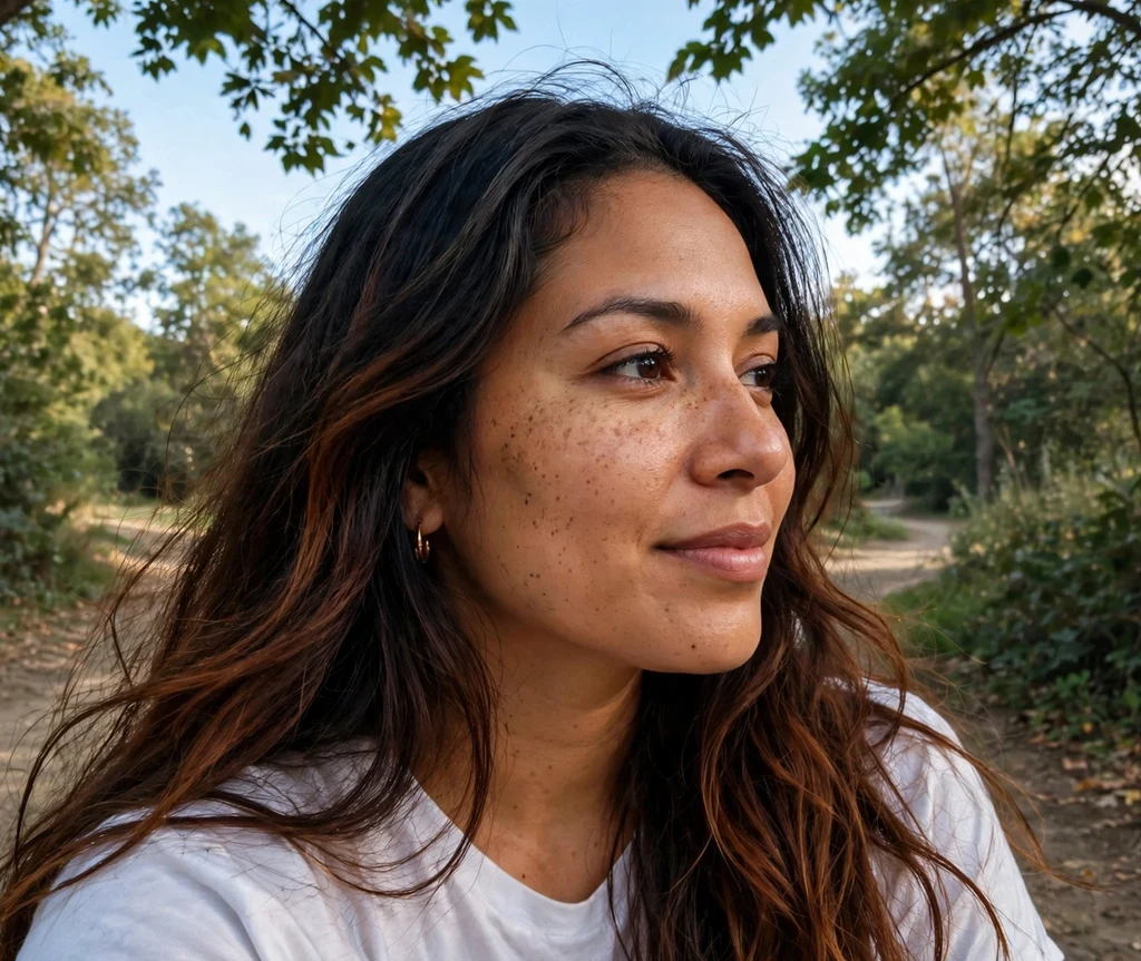 Woman with chestnut ombre hair on a park trail