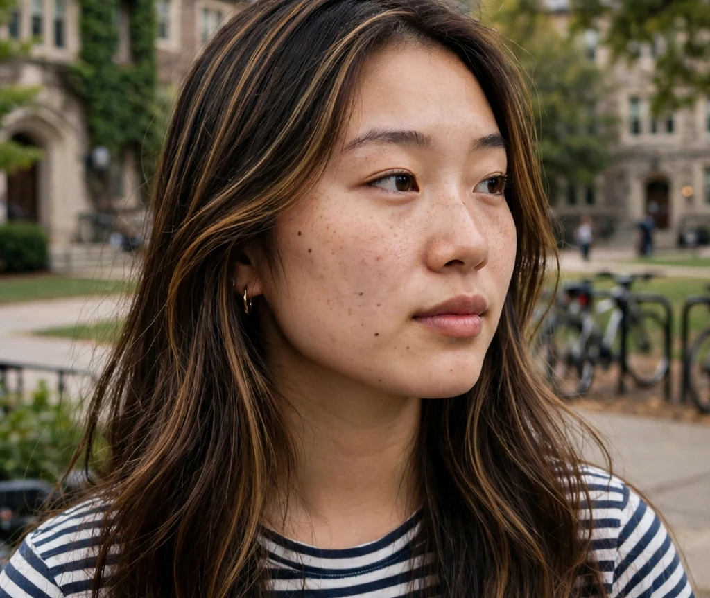 Woman with espresso hair and caramel ribbon highlights on a campus