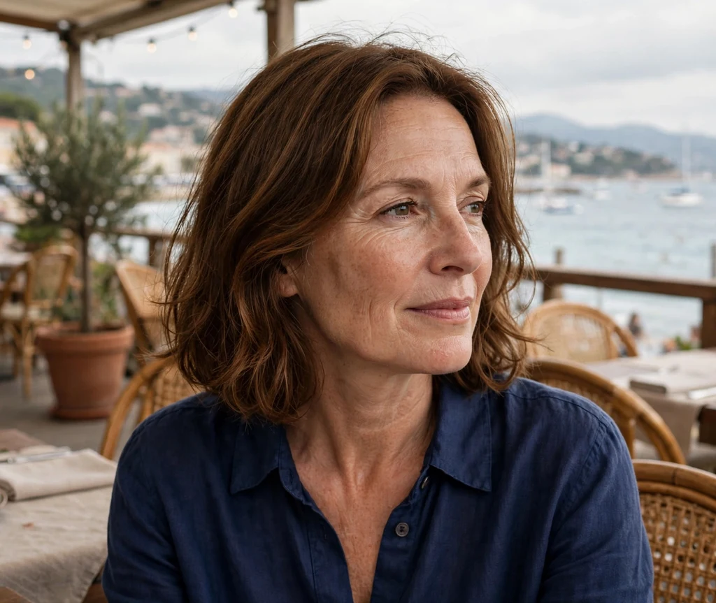 Woman with warm truffle brown layers on a seaside patio