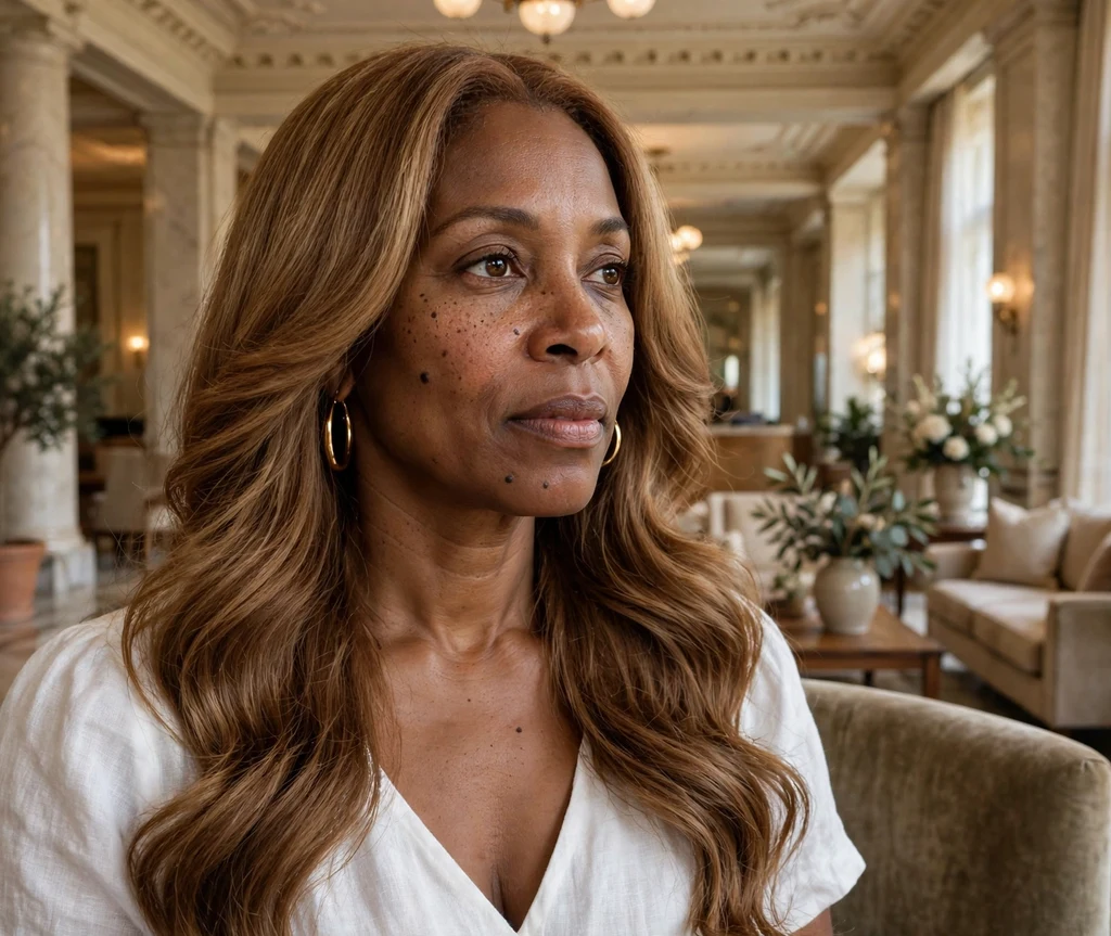 Woman with butterscotch brown blowout in a hotel lobby