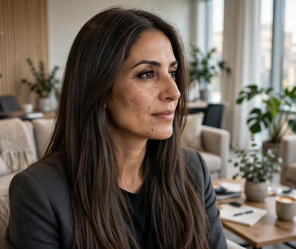 Woman with smoky chocolate brown straight hair in an office lounge