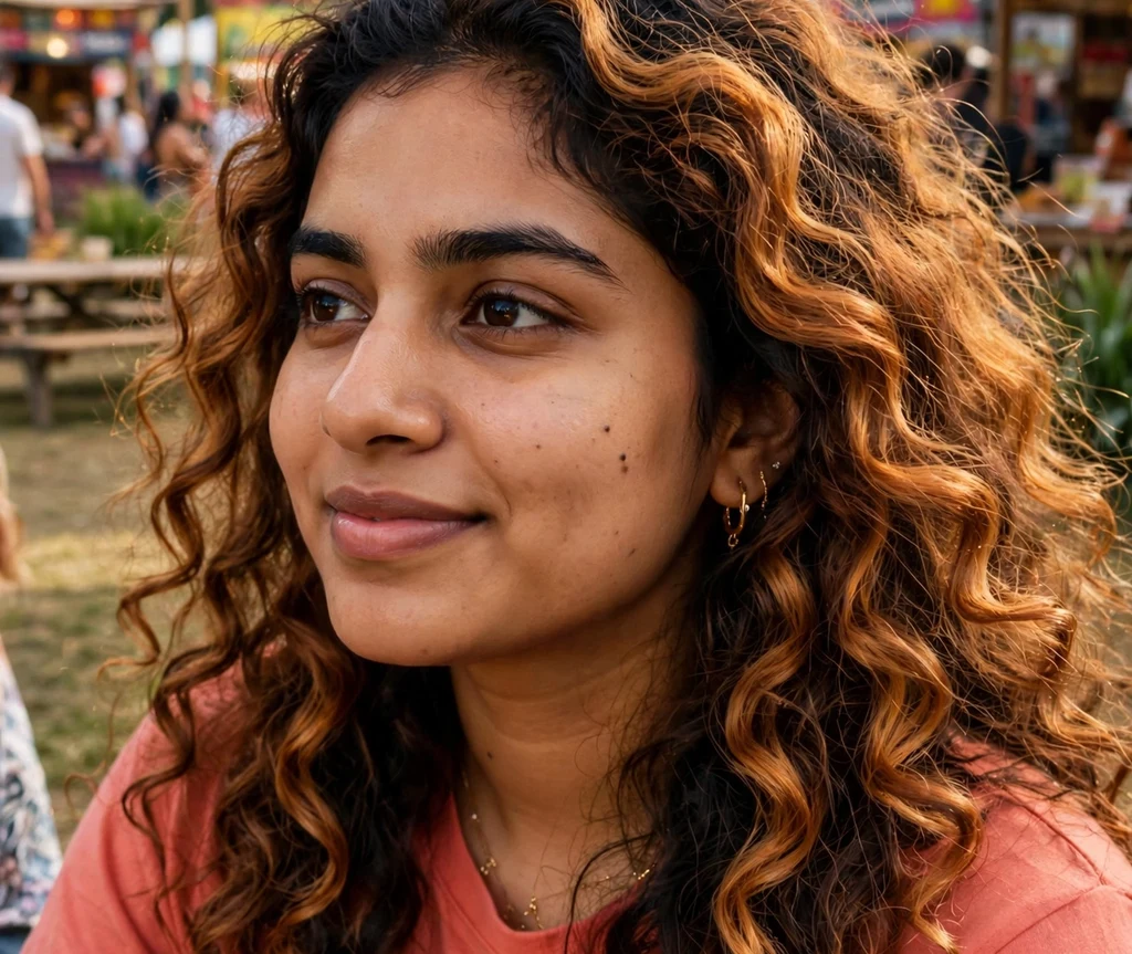 Woman with golden copper brunette curls at a summer festival