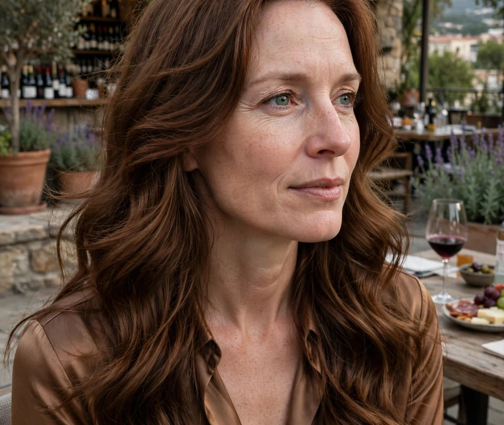 Woman with rich bronze brown waves on a wine bar terrace