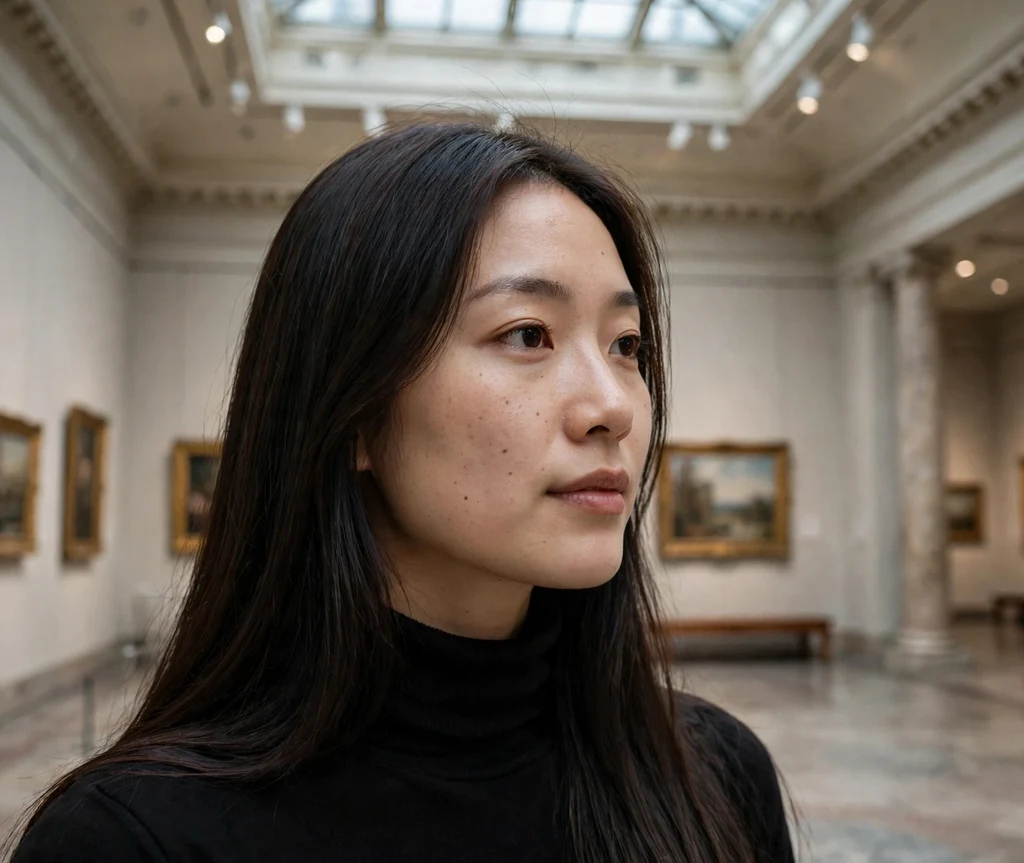 Woman with cool dark brown sleek hair in a museum