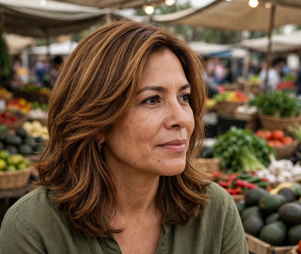 Woman with honeyed chestnut lob at an outdoor market