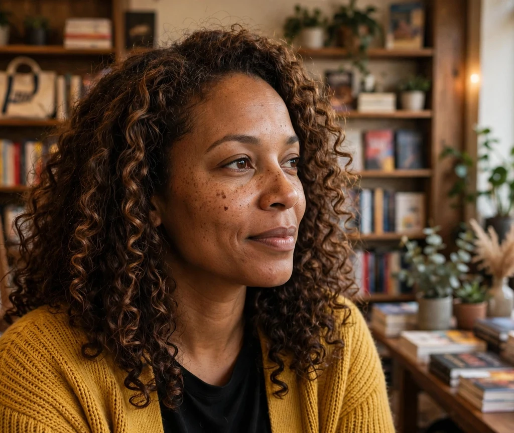 Woman with warm dark brown natural curls in a bookstore