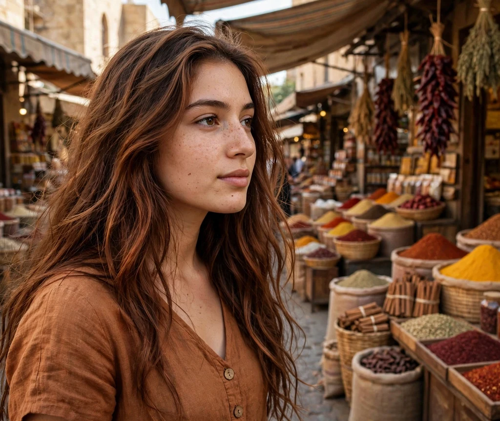 Woman with spiced cocoa brown hair on a spice market street
