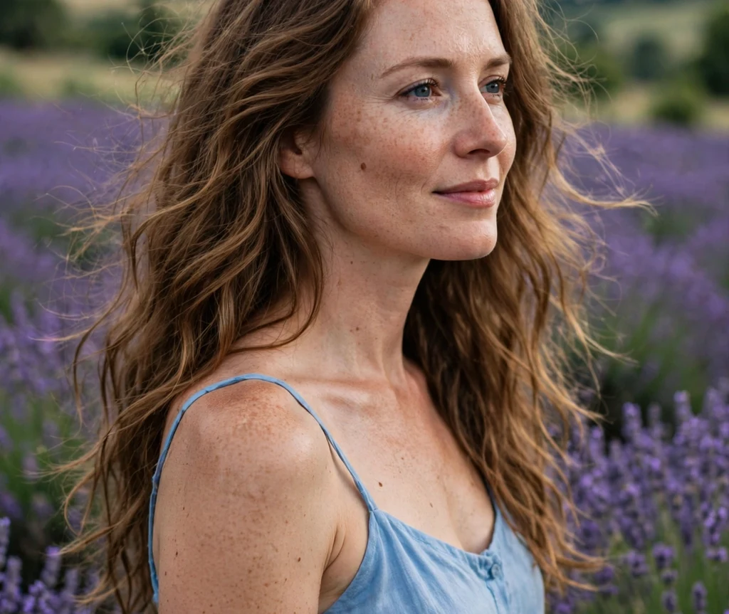 Woman with light chocolate brown waves in a lavender field
