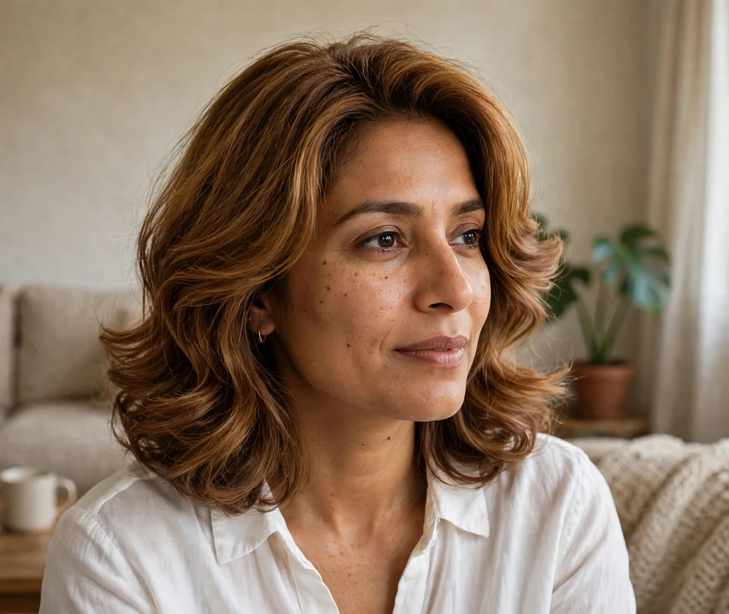 Woman with golden walnut brown blowout in a living room