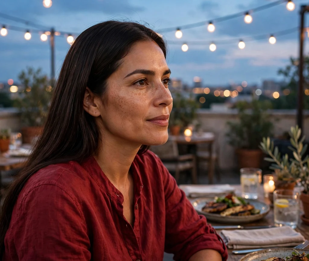Woman with deep mocha brown sleek hair at a rooftop dinner