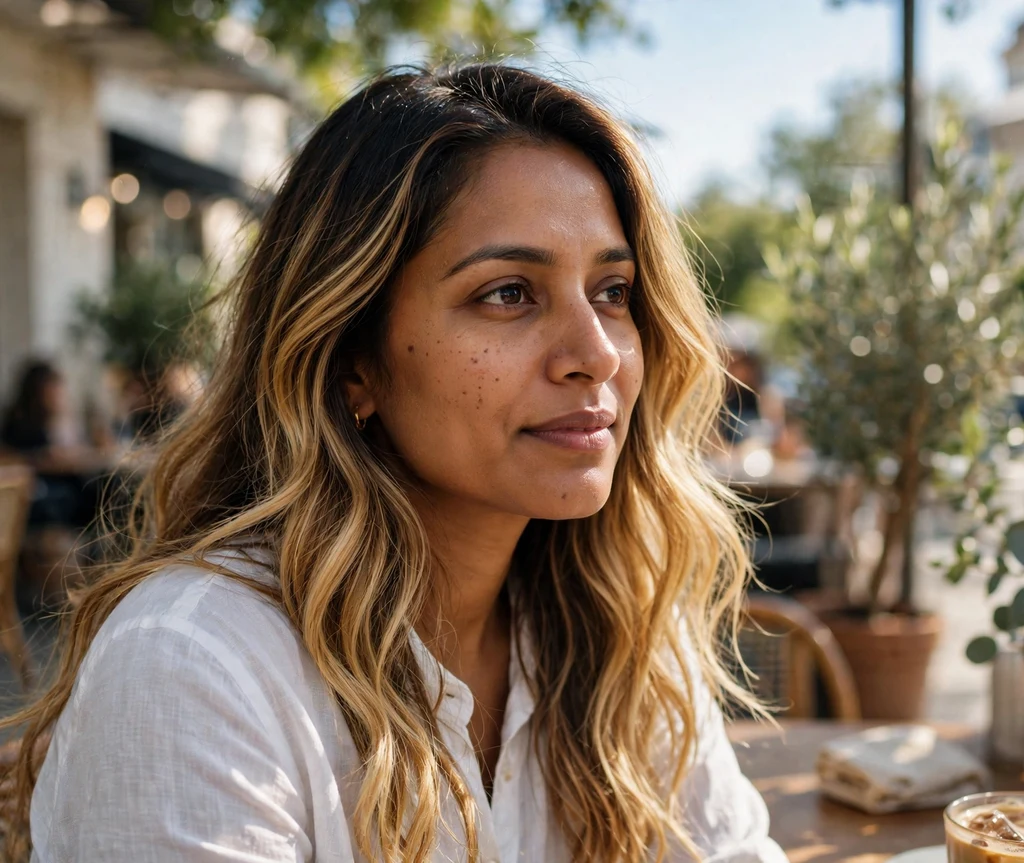 Woman with sun-kissed golden balayage at a sunny cafe patio