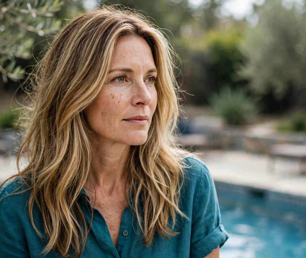 Woman with honey blonde highlights standing poolside