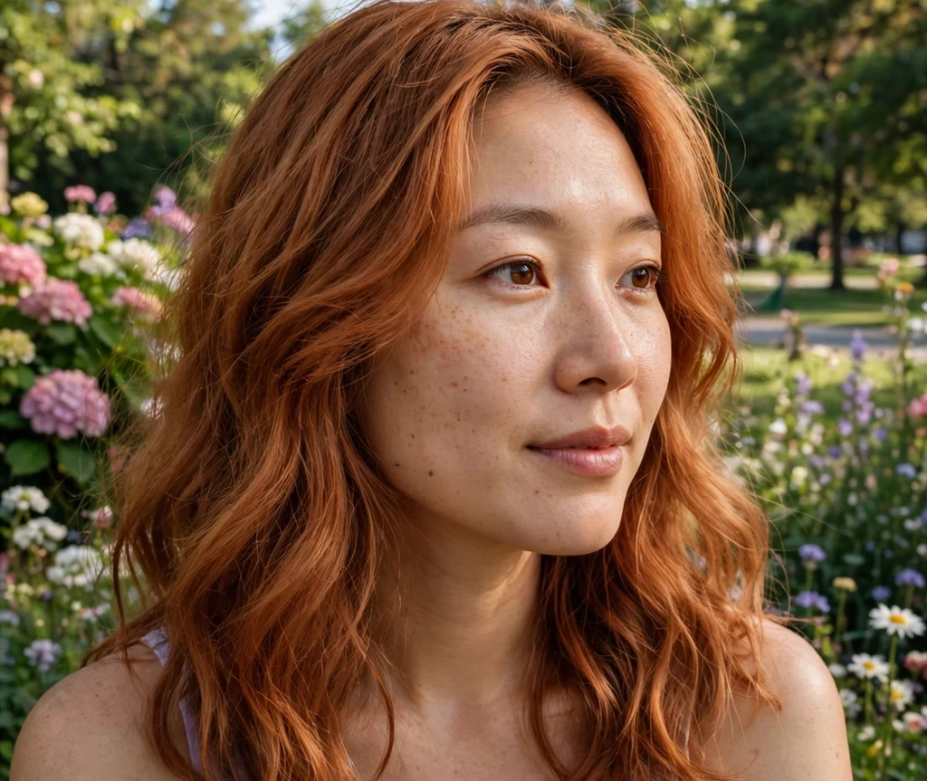 Woman with copper sunset waves in a summer park
