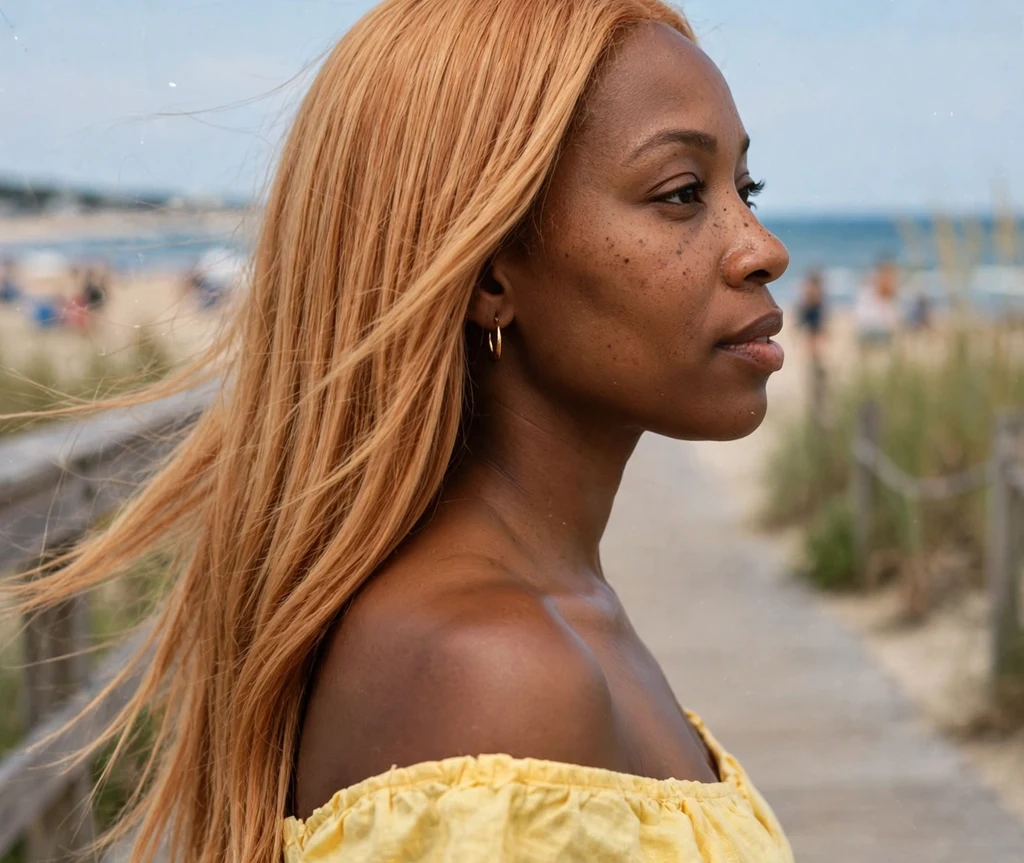 Woman with strawberry blonde hair on a summer boardwalk