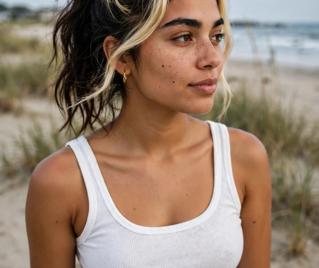 Woman with blonde money piece highlights at the beach