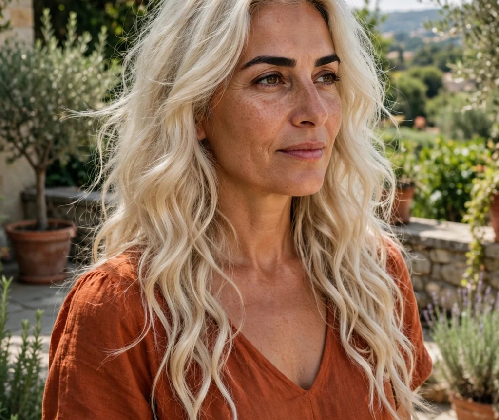 Woman with beachy platinum blonde hair on a garden terrace