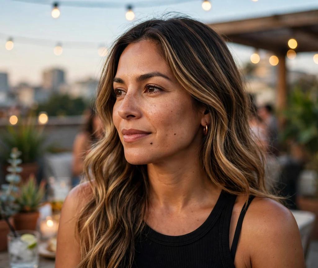 Woman with caramel drizzle balayage at a rooftop summer party
