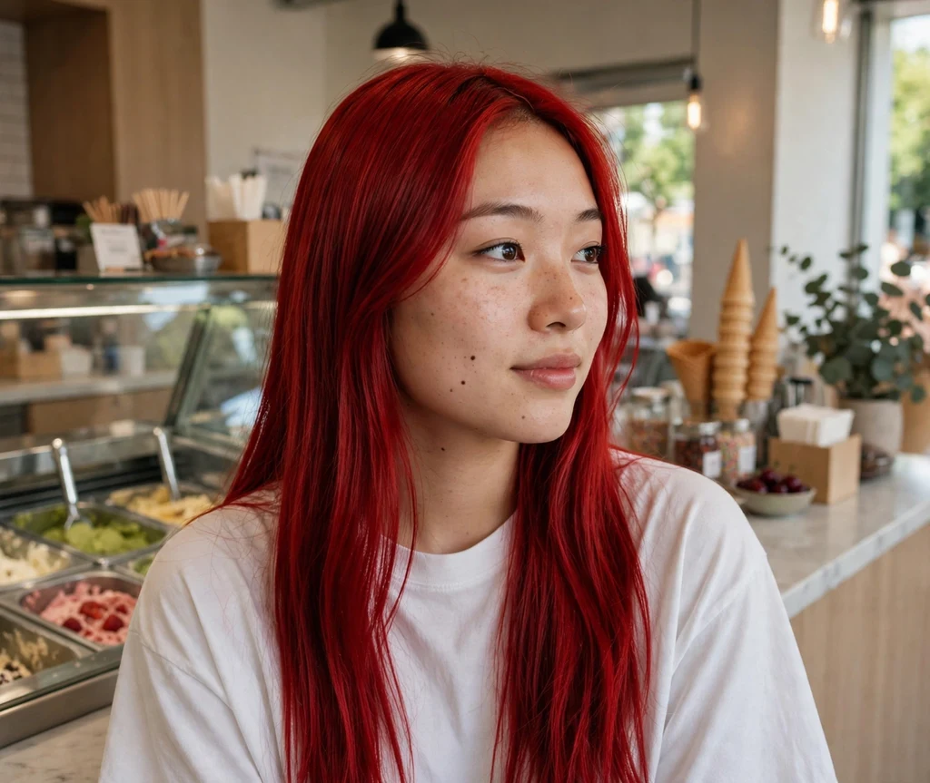Woman with vibrant cherry red hair in an ice cream parlor