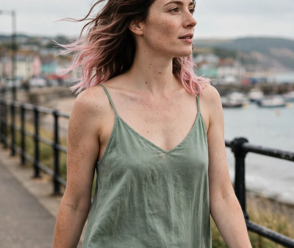 Woman with pastel pink dip dye ends on a seaside promenade