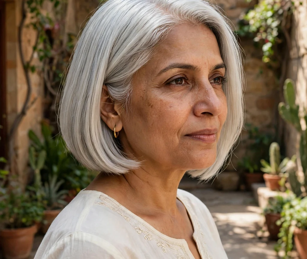 Woman with an icy silver blonde bob in a sunny courtyard