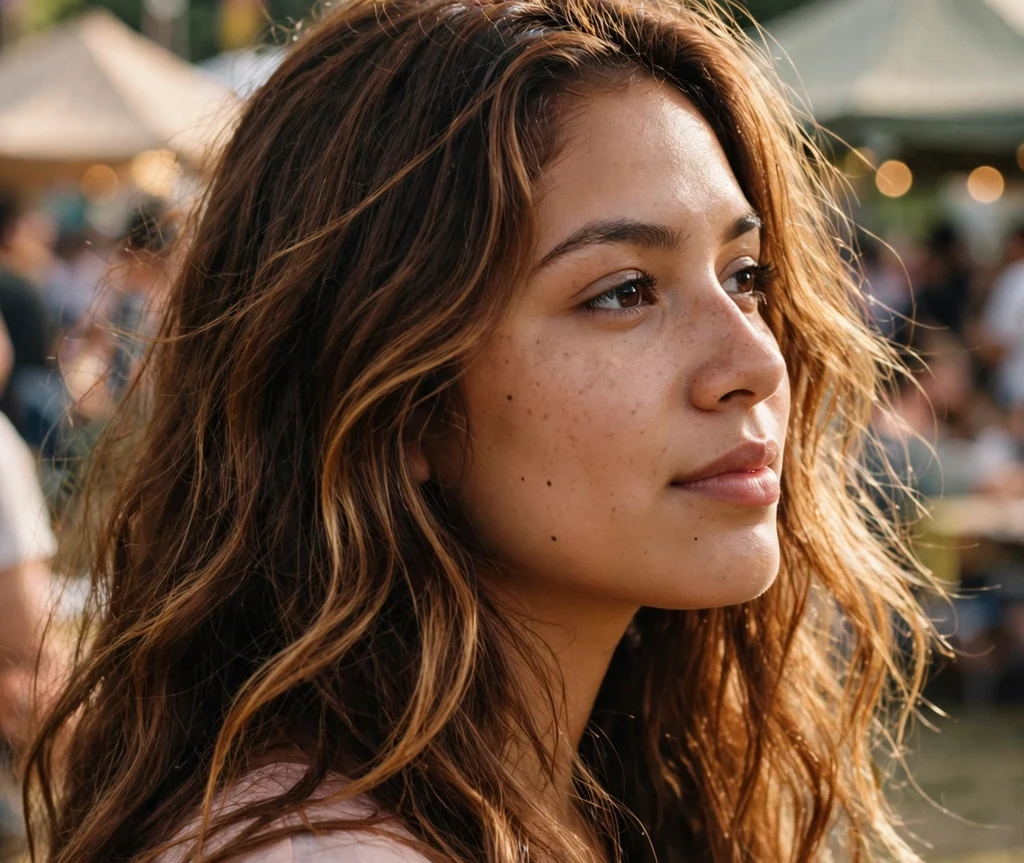 Woman with warm chestnut melted hair at a summer music festival