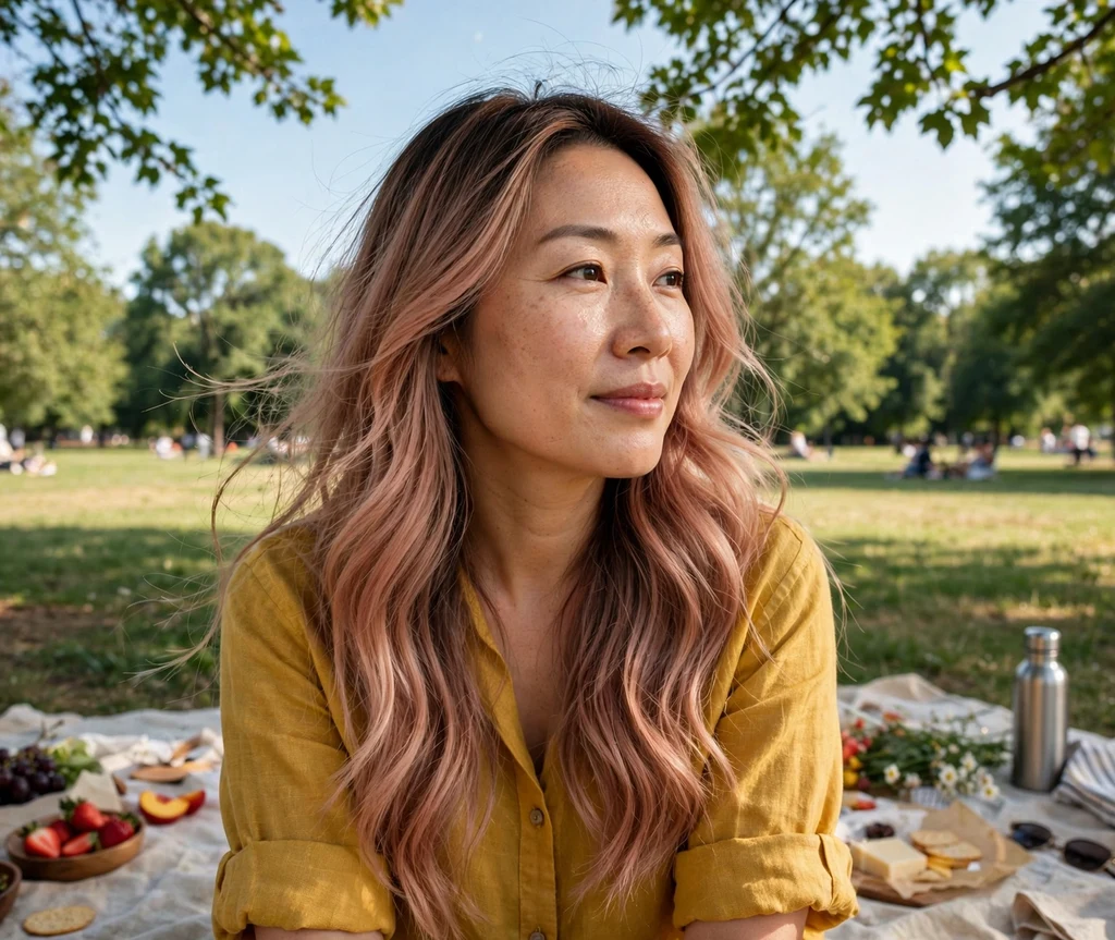Woman with rose gold balayage having a park picnic