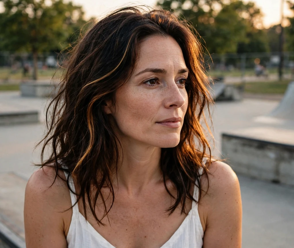 Woman with golden hour copper highlights at a summer skate park