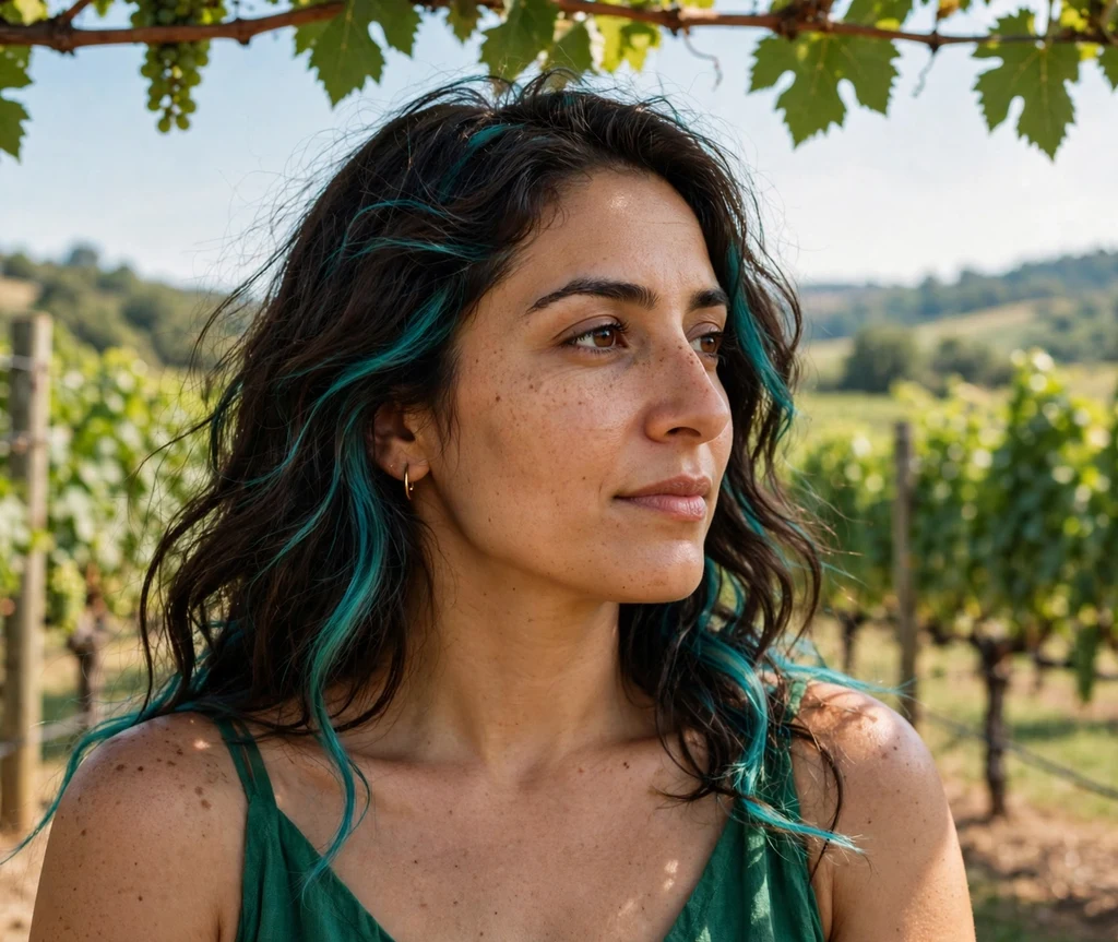 Woman with turquoise peekaboo streaks in a summer vineyard