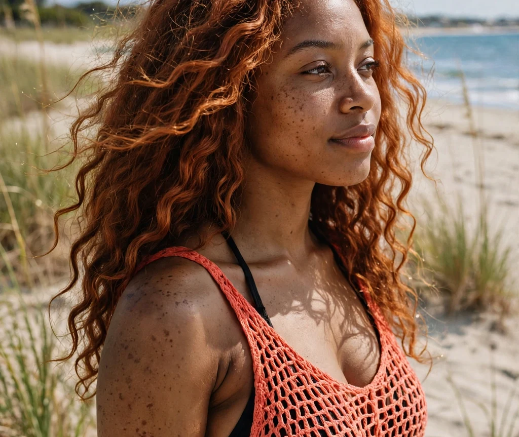 Woman with sunlit auburn waves on a beach
