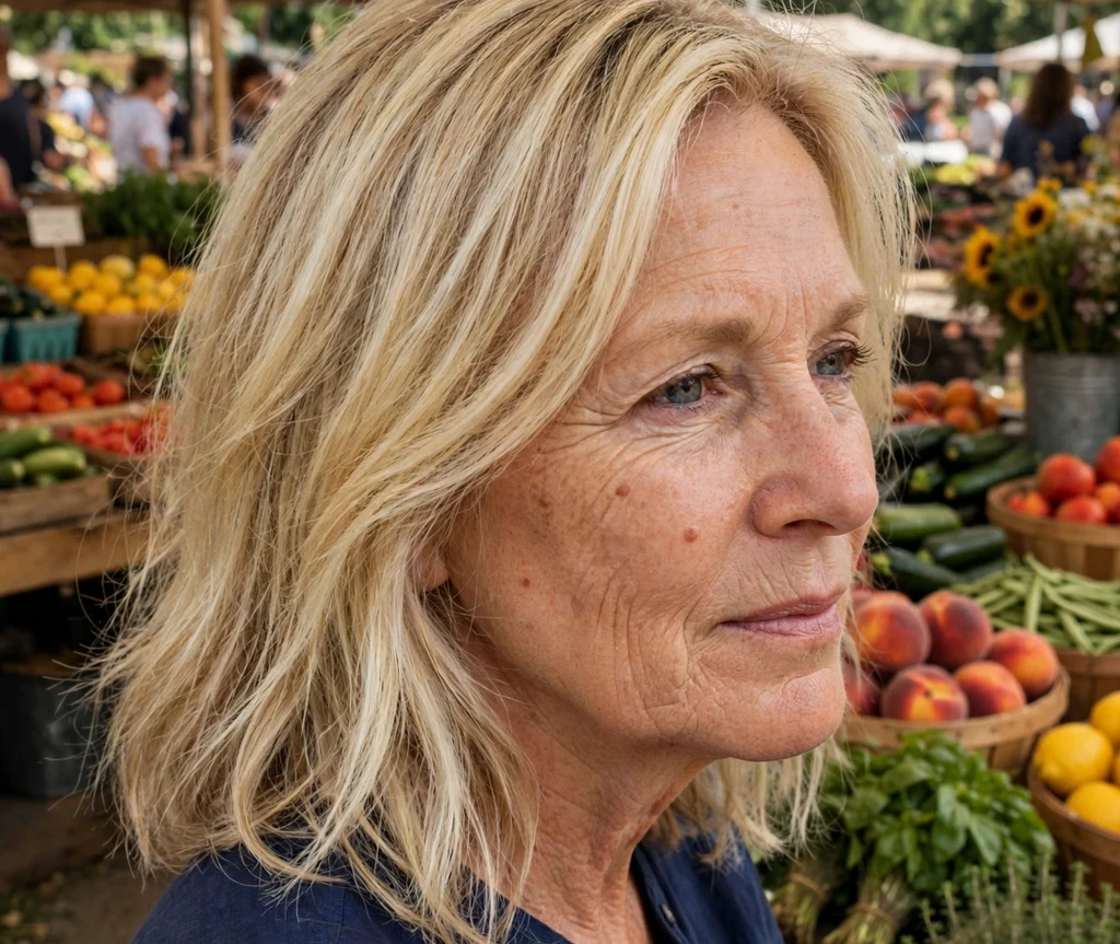 Woman with lemon blonde babylights at a summer farmers market