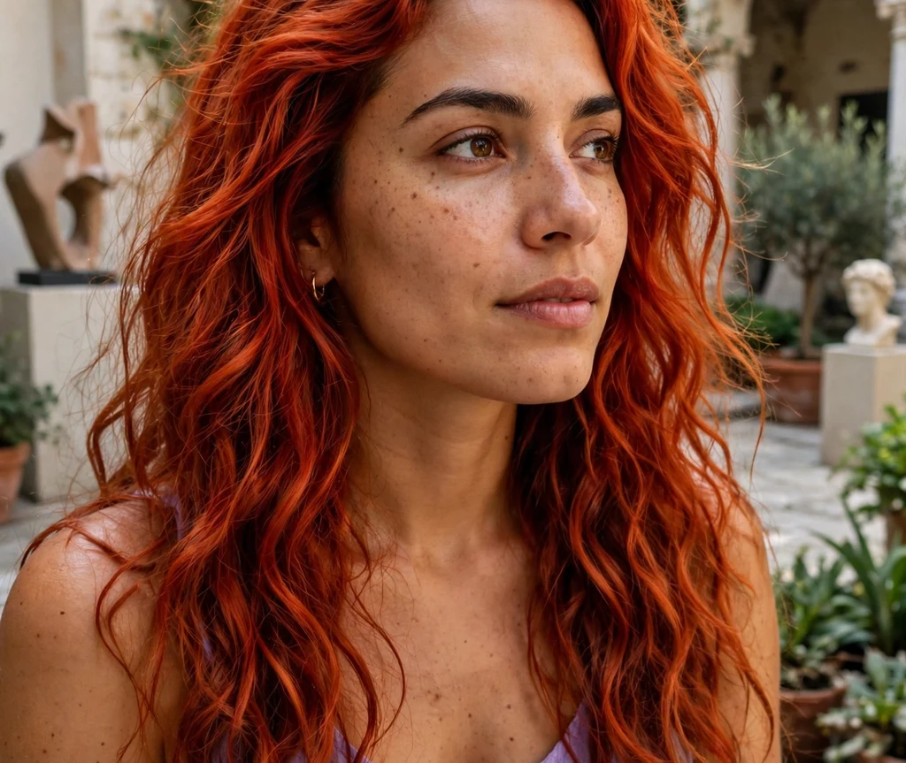 Woman with fiery red waves in an art gallery courtyard