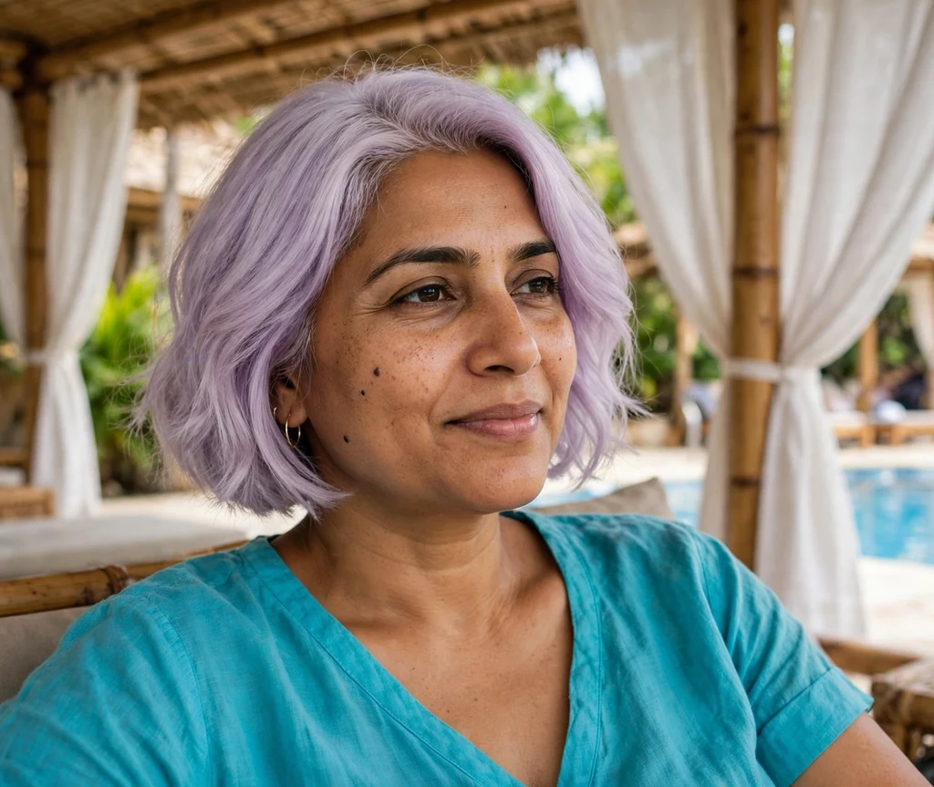 Woman with a lavender mist pastel bob at a poolside cabana