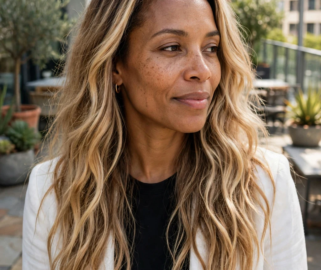 Woman with butterscotch blonde balayage on an office terrace