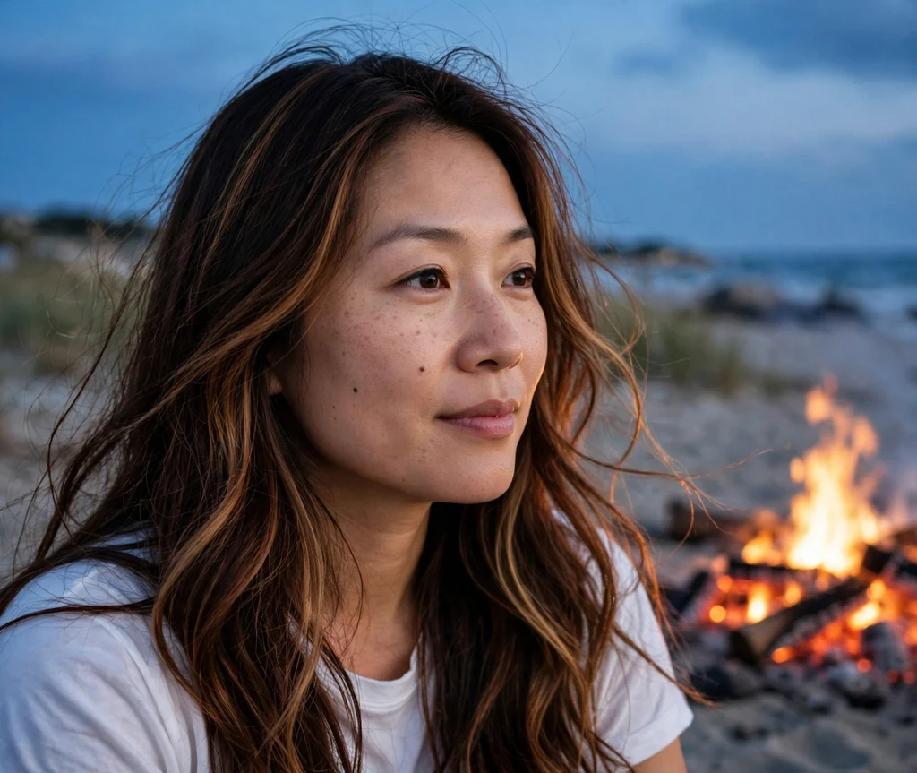 Woman with chocolate hair and caramel ribbons at a beach bonfire