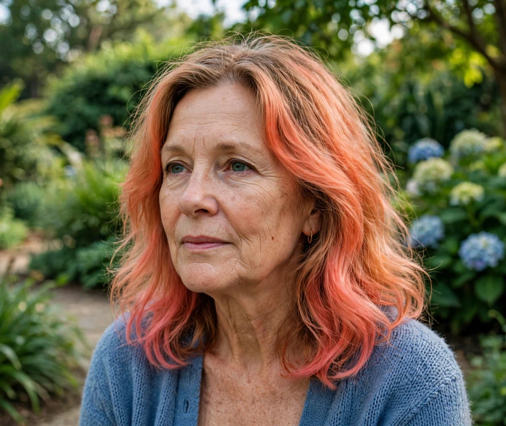 Woman with coral sunset ombre hair in a botanical garden