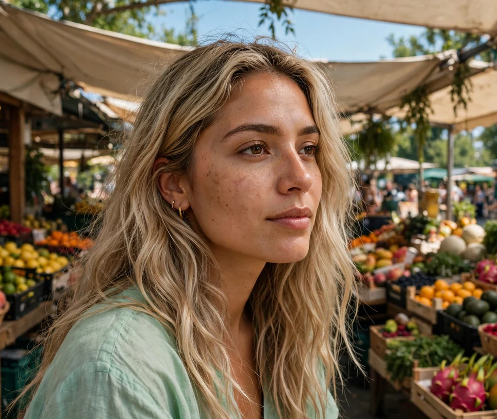Woman with sandy beige blonde hair at a fruit market