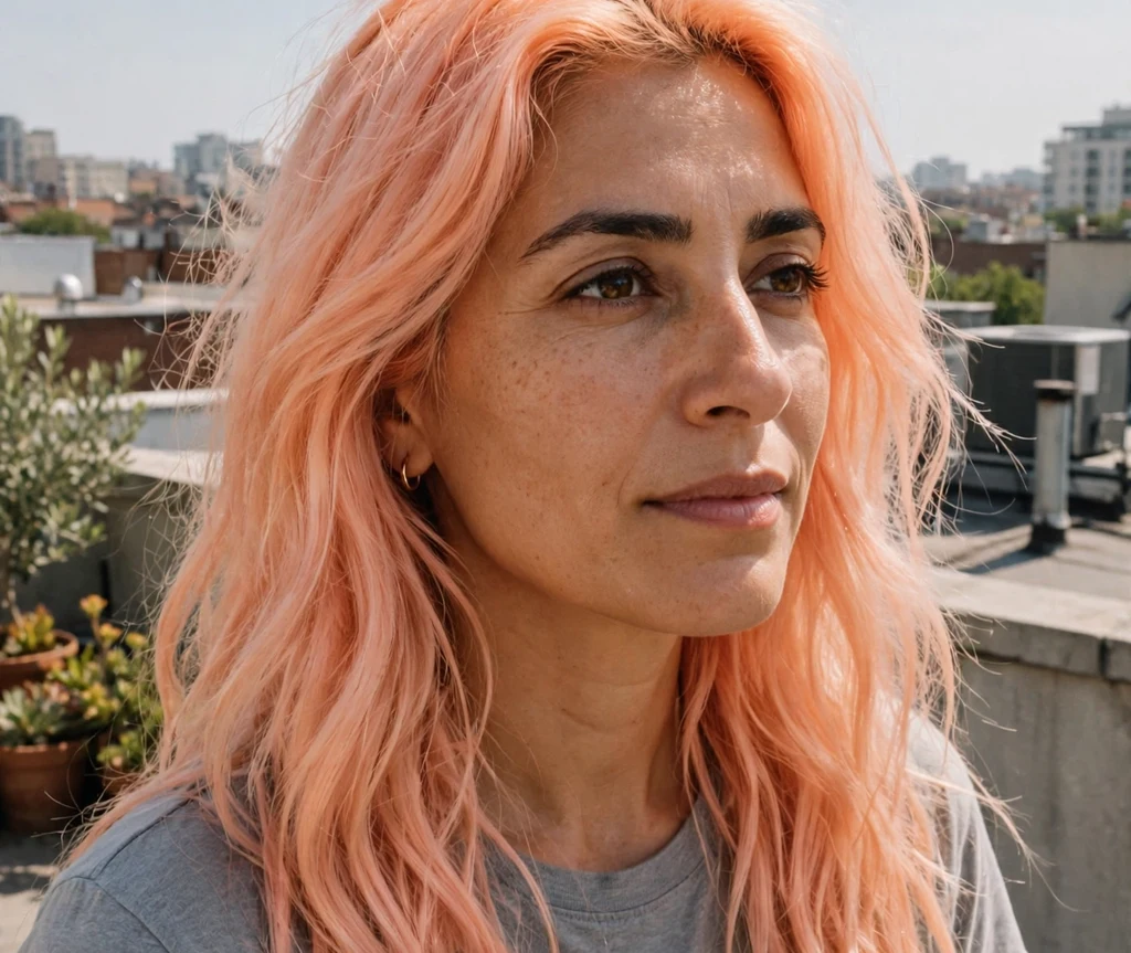 Woman with peach sorbet colored hair on a city rooftop