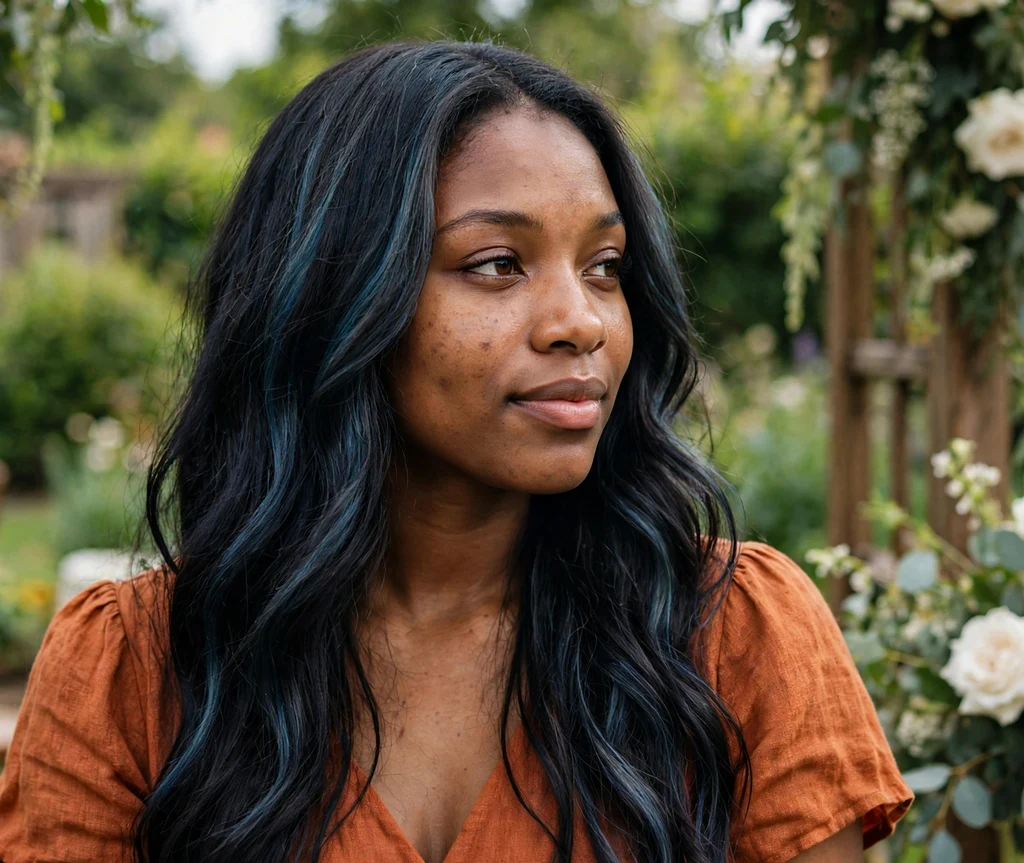 Woman with smoky denim blue streaks in a wedding garden